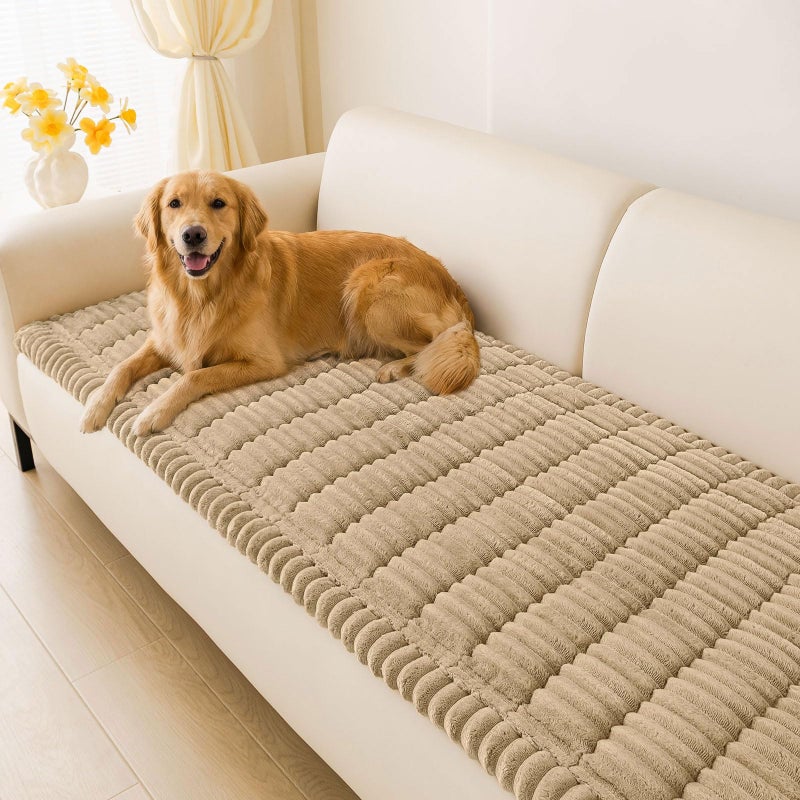 hyha Couch Covers for Dogs Washable, Non Slip Plush Dog Sofa Protectors, Fuzzy Pet Couch Covers for 3 Cushion Sofa Pet Friendly (Khaki, 27.6" x 88") - Image 1