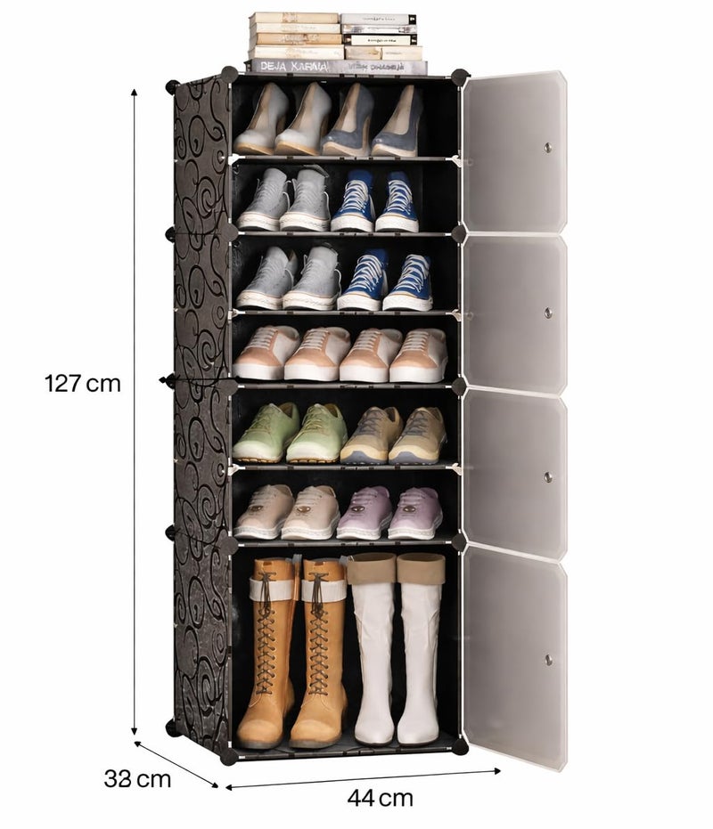 LUHI Premium Modular Plastic Shoe Rack for Home with Door | 7-Tier Stackable Shoe Organizer | Waterproof & Dustproof | Space Saving Storage for Home, Bedroom & Entryway [Black A5, 7-Shelf-4-Door] - Image 2