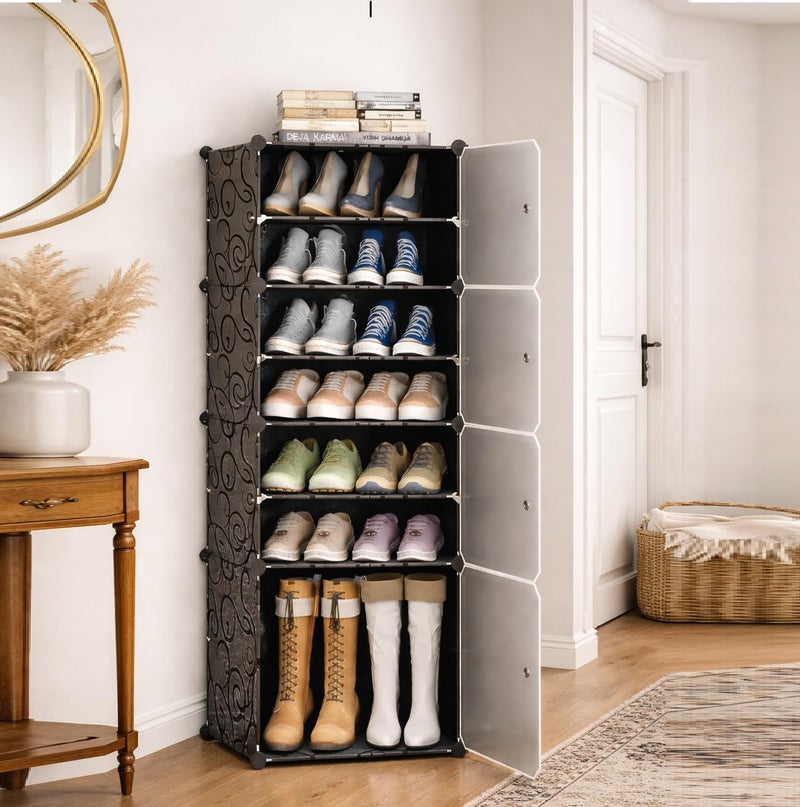 LUHI Premium Modular Plastic Shoe Rack for Home with Door | 7-Tier Stackable Shoe Organizer | Waterproof & Dustproof | Space Saving Storage for Home, Bedroom & Entryway [Black A5, 7-Shelf-4-Door] - Image 1