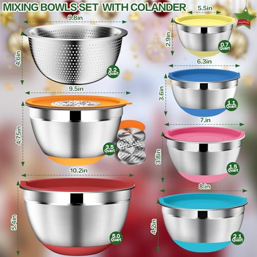 DUTZUN Mixing Bowls with Lids Set - 16pcs Stainless Steel Mixing Bowl Set with Colander, 3 Grater Attachments, Non-Slip Bottom, Metal Nesting Bowls with Strainer for Mixing & Serving - Multicolor - Image 2