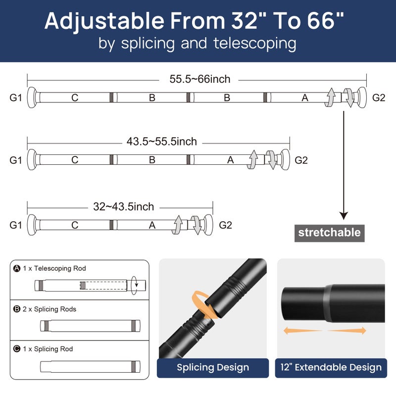 ENJOYBASICS 2 Pack Adjustable Spring Tension Curtain Rods 32 to 66 Inches, Stainless Steel Matte Black Shower Rod No Drilling for Window, Bathroom, Closet, Room Divider, 7/8" Diameter - Image 3