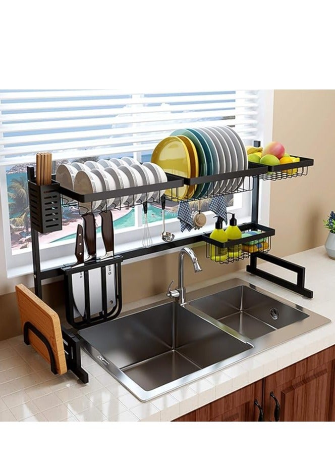 Dish Rack Dish Drying Rack Kitchen Storage Shelf Over Sink Stainless Steel Sink Dish Rack Kitchen Supplies Storage Shelf Utensils Holder（Black） - Image 1