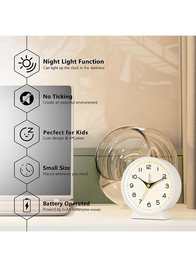 هاهاهاي ساعة منبه تناظرية 4.5 بوصة للبالغين الذين ينامون نومًا عميقًا ، ساعة مكتب صغيرة على الطراز القديم تعمل بالبطارية ، ساعة معدنية صامتة مع إضاءة لتزيين غرفة المعيشة وغرفة النوم والرف (أبيض) - Image 3