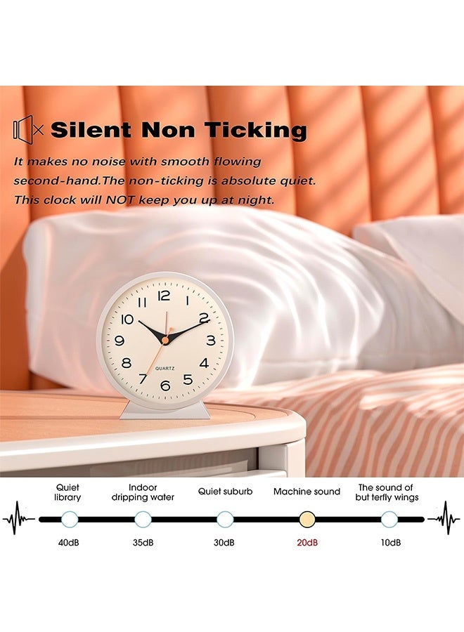 هاهاهاي ساعة منبه تناظرية 4.5 بوصة للبالغين الذين ينامون نومًا عميقًا ، ساعة مكتب صغيرة على الطراز القديم تعمل بالبطارية ، ساعة معدنية صامتة مع إضاءة لتزيين غرفة المعيشة وغرفة النوم والرف (أبيض) - Image 4