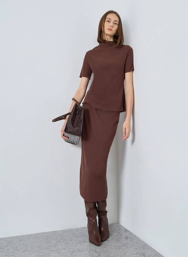Brown Ribbed Knit Top and Skirt Co-ords