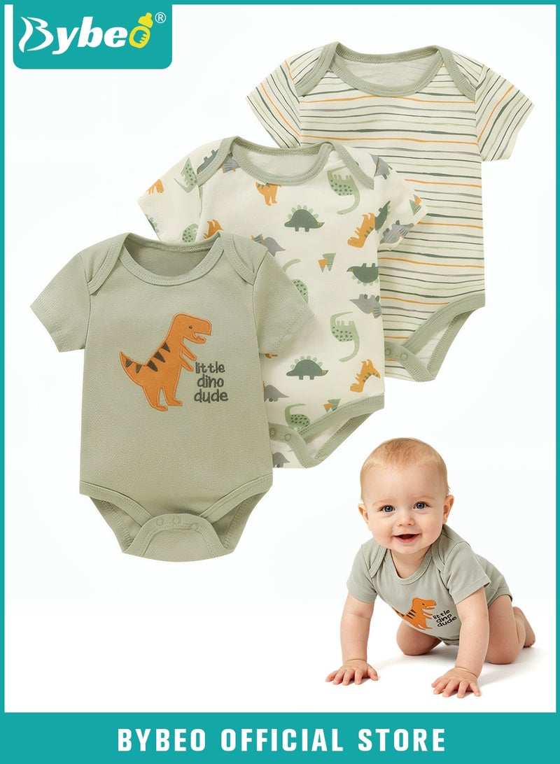 Bybeo 3PCS Short Sleeve Baby Bodysuits, Baby Onesie Set, Summer Cotton Printed Rompers for Newborn Boys Girls, Soft Breathable Infant Bodysuits with Snap Closure for 3-12 Months - Image 1