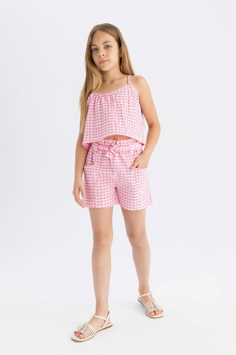 DeFacto Pink Girl Girl Paperbag Checked Shorts Casual - Image 3
