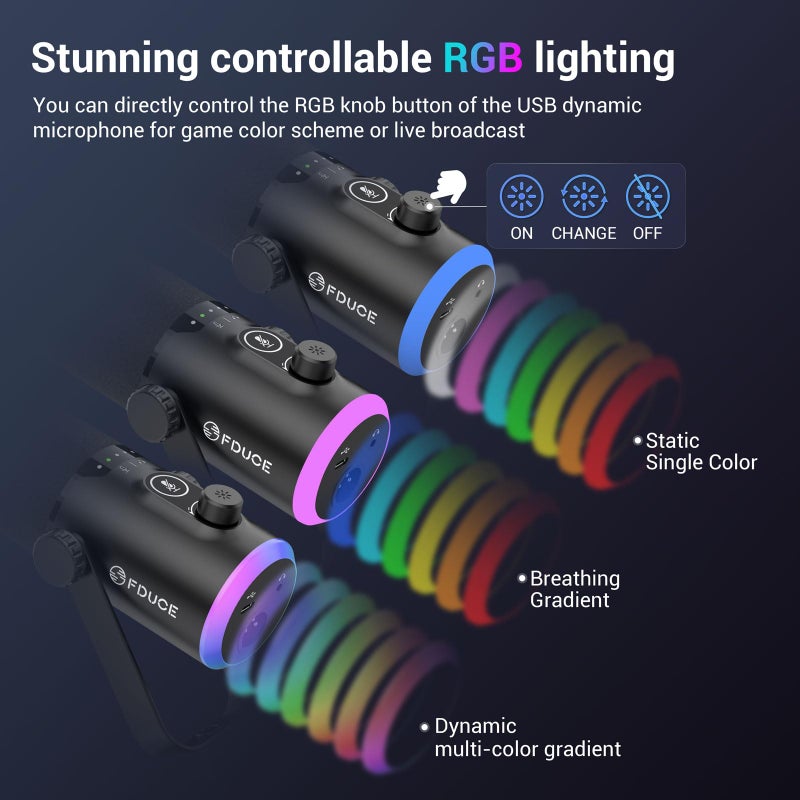 FDUCE USB/XLR Gaming Microphone kit, Dynamic PC Mic for Podcasting Streaming, Computer RGB Mic Kit with Desktop Stand, Mute Button and Headphone Jack, for Recording, Vocal Voice-Over (D30) - Image 4