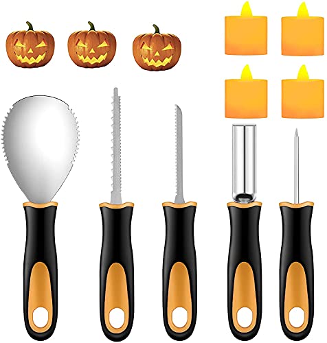 Yixiang Halloween Pumpkin Carving Kit, 5 Pieces Heavy Duty Professional Stainless Steel Carving Tools Set for Halloween Decorations, Included 4 LED Candles - Image 1