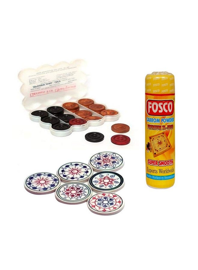 Optimus Optimus® Premium Carrom Combo L - 250 gm Disco Carrom Powder 1 Set Wooden Carrom-Men Coins & 6 Acrylic Strikers - Image 1