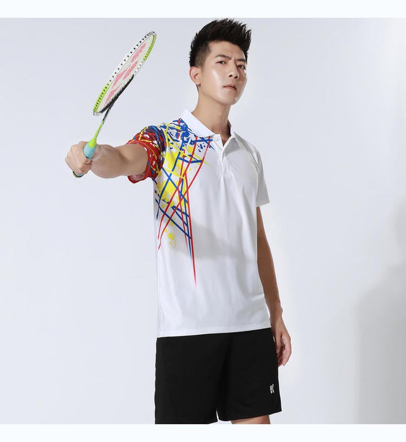 Generic Quick-drying Badminton Suit Mens and Womens Suit Table Tennis Suit Short-sleeved Top Tennis Clothes Volleyball Sports Team Clothes Printed White men's + black pants
