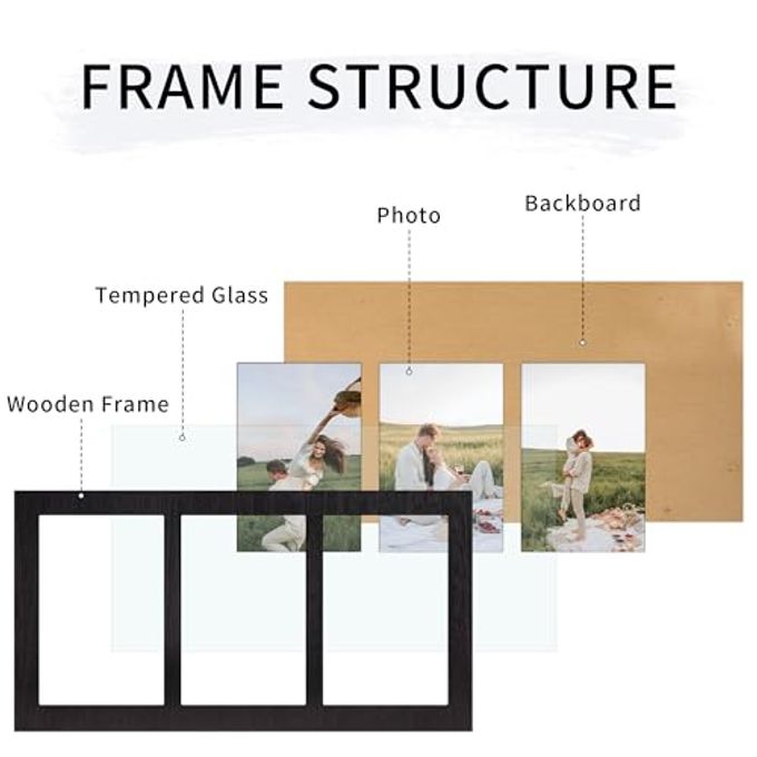 YESKAY 4x6 Collage Picture Frames, 3 Picture Frame 4x6, Rustic Black Wood Frame with Tempered Glass, 3 Opening 4 by 6 Photo Frame Wall Decor or Tabletop, 1 Pack - Image 3