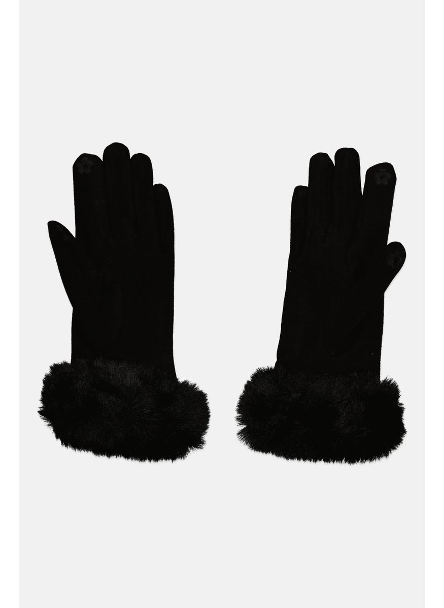 Women 1 Pair Fur Cuff Knit Gloves, Black
