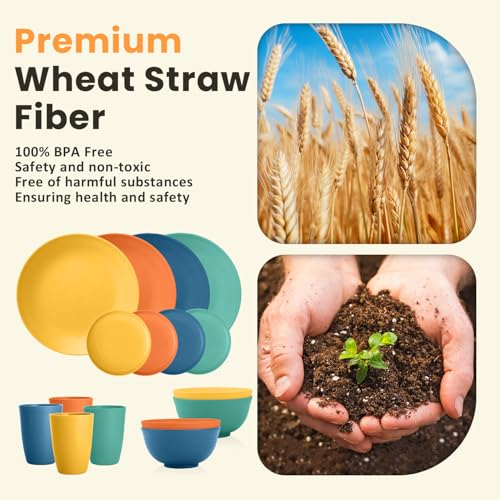 Homienly Dish Set Wheat Straw Dinnerware Sets Unbreakable Reusable Dinnerware Set 16 PCS Cups Plates and Bowls Sets, Microwave and Dishwasher Safe Dishes for Camping, Outdoor - Colorful - Image 3