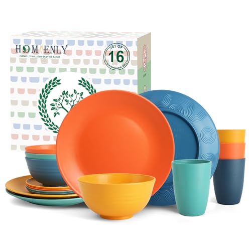 Homienly Dish Set Wheat Straw Dinnerware Sets Unbreakable Reusable Dinnerware Set 16 PCS Cups Plates and Bowls Sets, Microwave and Dishwasher Safe Dishes for Camping, Outdoor - Colorful - Image 1