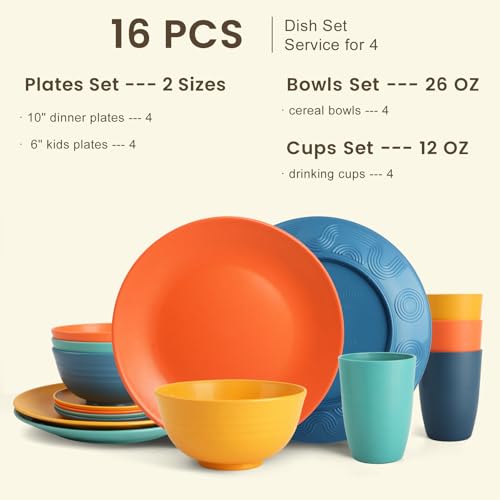Homienly Dish Set Wheat Straw Dinnerware Sets Unbreakable Reusable Dinnerware Set 16 PCS Cups Plates and Bowls Sets, Microwave and Dishwasher Safe Dishes for Camping, Outdoor - Colorful - Image 2