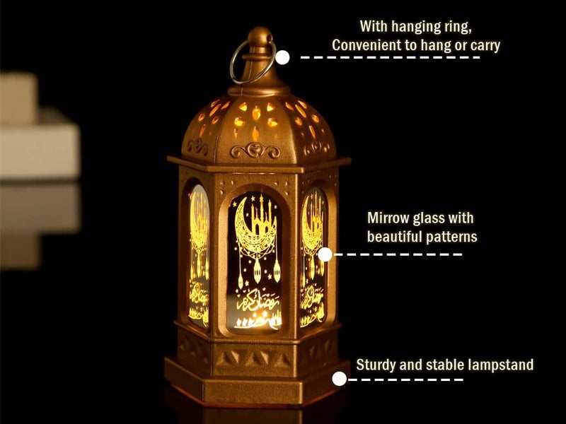 Hitopin 2 Pieces Ramadan Lantern Decoration, Ramadan Candle Lantern, LED Eid Mubarak Lamp, Ramadan Lantern Decor, Hanging Ramadan Lamp, for Home Tabletop Decor Creative Party Supplies (Gold) - Image 4
