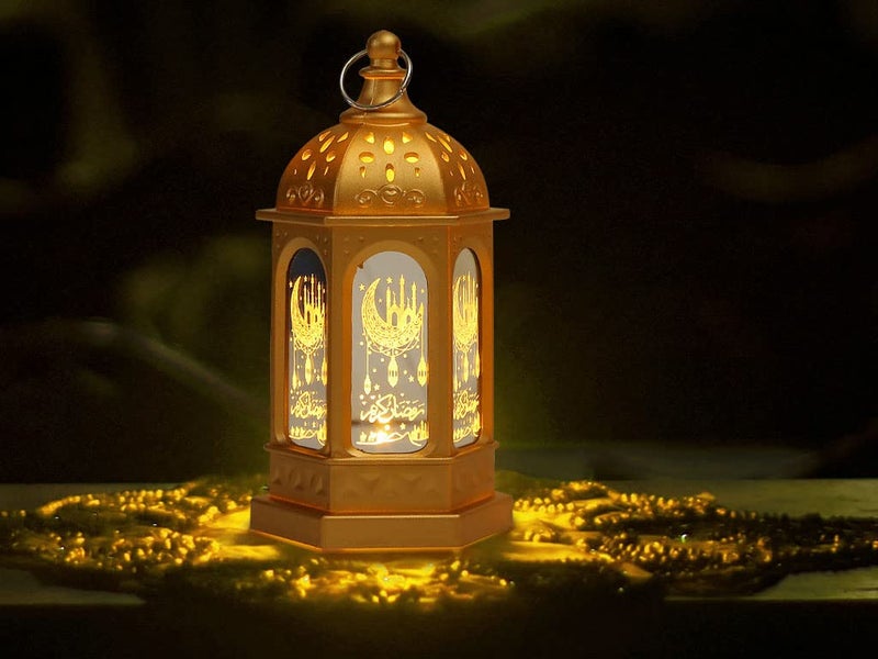 Hitopin 2 Pieces Ramadan Lantern Decoration, Ramadan Candle Lantern, LED Eid Mubarak Lamp, Ramadan Lantern Decor, Hanging Ramadan Lamp, for Home Tabletop Decor Creative Party Supplies (Gold) - Image 2