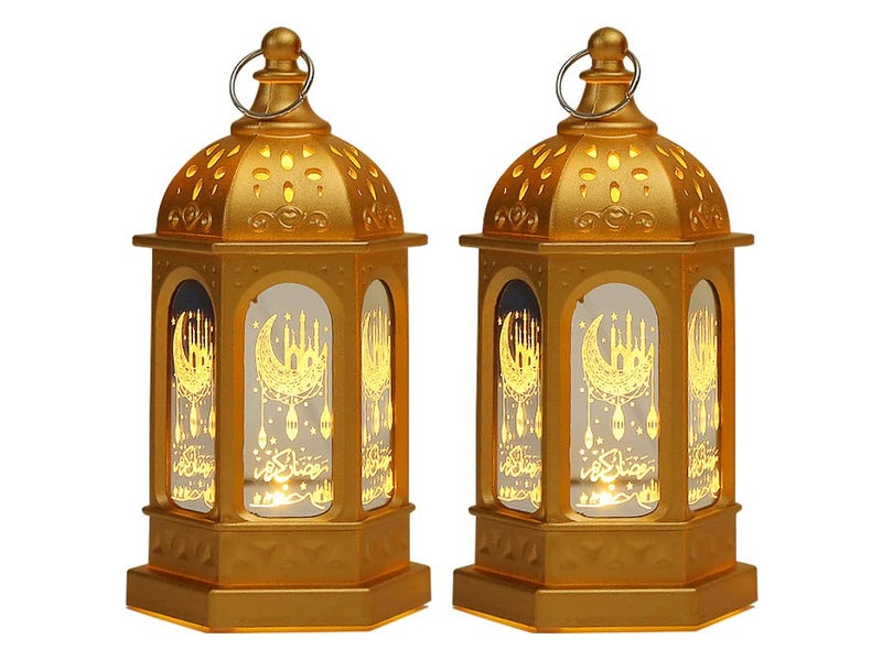 Hitopin 2 Pieces Ramadan Lantern Decoration, Ramadan Candle Lantern, LED Eid Mubarak Lamp, Ramadan Lantern Decor, Hanging Ramadan Lamp, for Home Tabletop Decor Creative Party Supplies (Gold) - Image 1