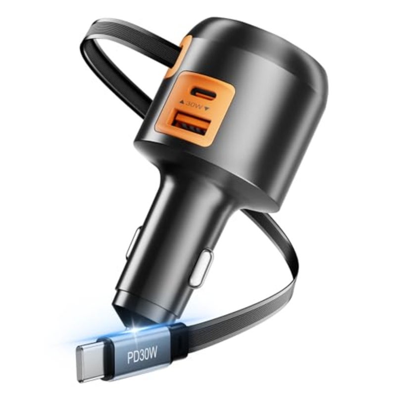 شاحن سيارة للشحن السريع، كابل USB-C قابل للسحب بطول 70 سم من النايلون، أسود، منفذ مزدوج بقدرة 60 وات مع USB-C وUSB-A، محول ولاعة سجائر صغير الحجم - Image 1