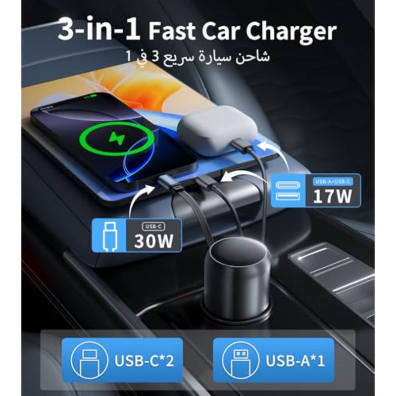 شاحن سيارة للشحن السريع، كابل USB-C قابل للسحب بطول 70 سم من النايلون، أسود، منفذ مزدوج بقدرة 60 وات مع USB-C وUSB-A، محول ولاعة سجائر صغير الحجم - Image 2