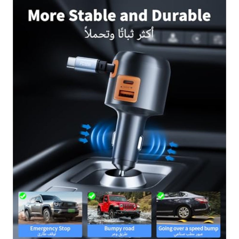 شاحن سيارة للشحن السريع، كابل USB-C قابل للسحب بطول 70 سم من النايلون، أسود، منفذ مزدوج بقدرة 60 وات مع USB-C وUSB-A، محول ولاعة سجائر صغير الحجم - Image 5