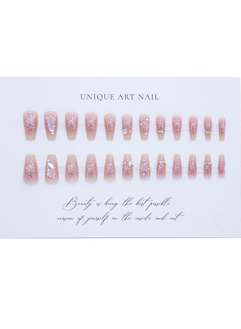 RATSAW French Tip False Nails  24pcs Press On Nails Long  Ice Soaked Blush Camellia False Nails With Glue Long Coffin Shaped Elegant French Ballet Luxury Design Fake Nails - Image 4