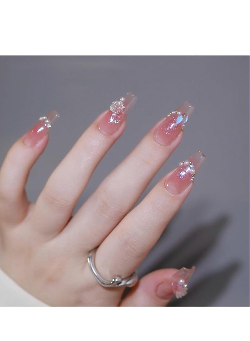 RATSAW French Tip False Nails  24pcs Press On Nails Long  Ice Soaked Blush Camellia False Nails With Glue Long Coffin Shaped Elegant French Ballet Luxury Design Fake Nails - Image 2