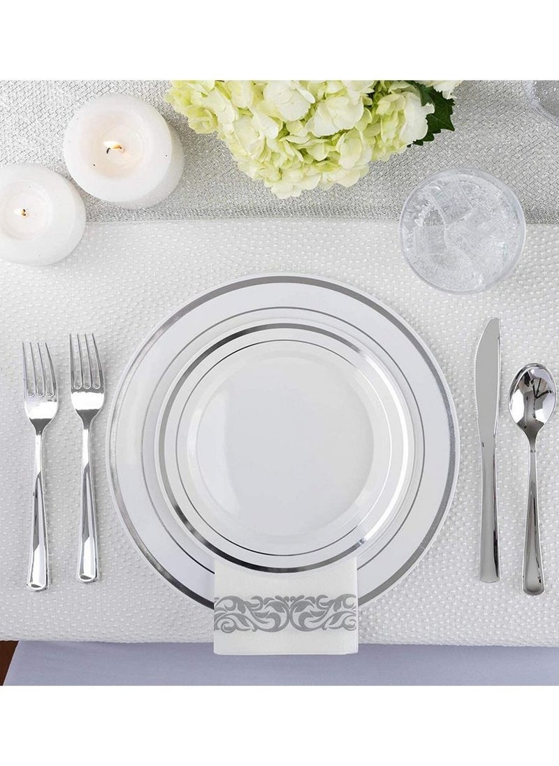 Alissa - Silver 150 Piece Dinnerware Set 25 Pc 10.25" Dinner Plates 25 7.5" Salad 25 10 Oz Silver Rim Plastic Cups 25 Spoons 25 Forks 25 Knives 25 Guest Serve Party Birthday Home Office Outdoor - Image 1