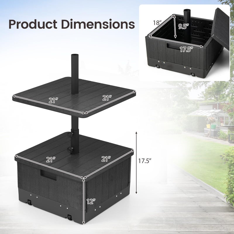 Tangkula 3-in-1 Patio Umbrella Base, 175 LBS Moveable Umbrella Stand w/Table Tray & Weighted Bag, Side Handles, HDPE Frame, 2 Pole Adapters, Garden Coffee Table Planter Box (Black) - Image 5