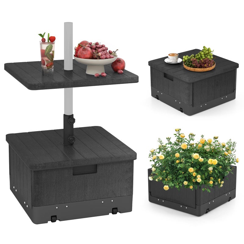 Tangkula 3-in-1 Patio Umbrella Base, 175 LBS Moveable Umbrella Stand w/Table Tray & Weighted Bag, Side Handles, HDPE Frame, 2 Pole Adapters, Garden Coffee Table Planter Box (Black) - Image 1