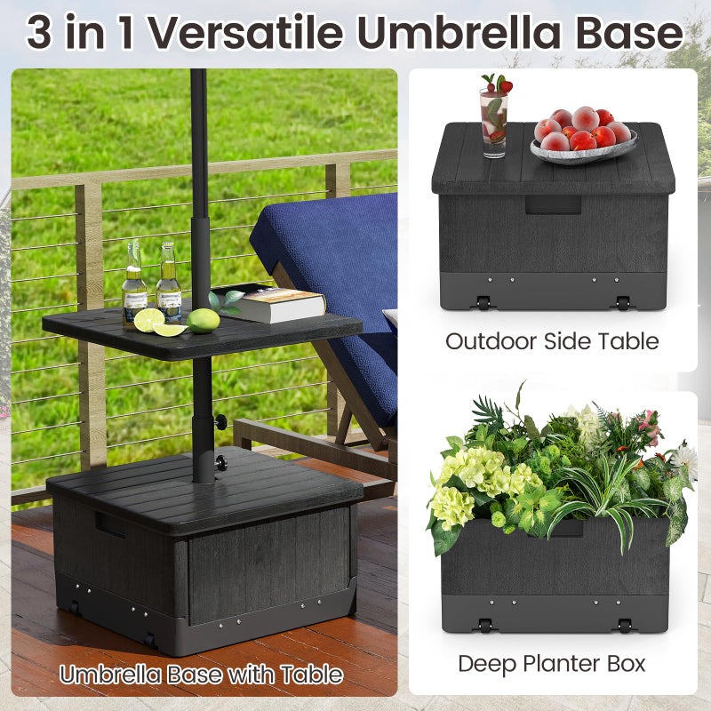 Tangkula 3-in-1 Patio Umbrella Base, 175 LBS Moveable Umbrella Stand w/Table Tray & Weighted Bag, Side Handles, HDPE Frame, 2 Pole Adapters, Garden Coffee Table Planter Box (Black) - Image 3