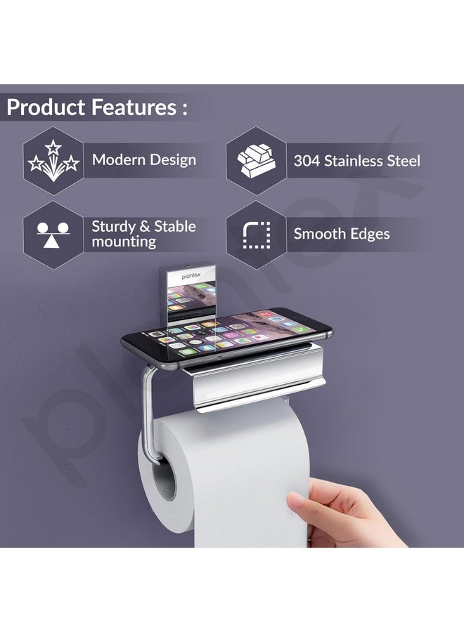 plantex Plantex 304 Grade Stainless Steel Toilet Paper Holder with Mobile Phone Stand/Toilet Paper Roll Holder for Bathroom Accessories Crystal (Chrome)  - Image 2