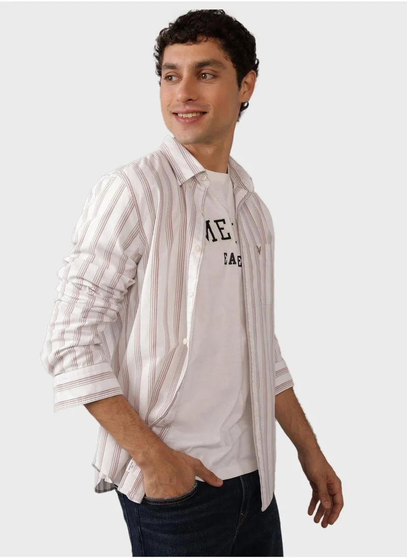 American Eagle Embroidered Logo Stripe Slim Fit Oxford Shirt