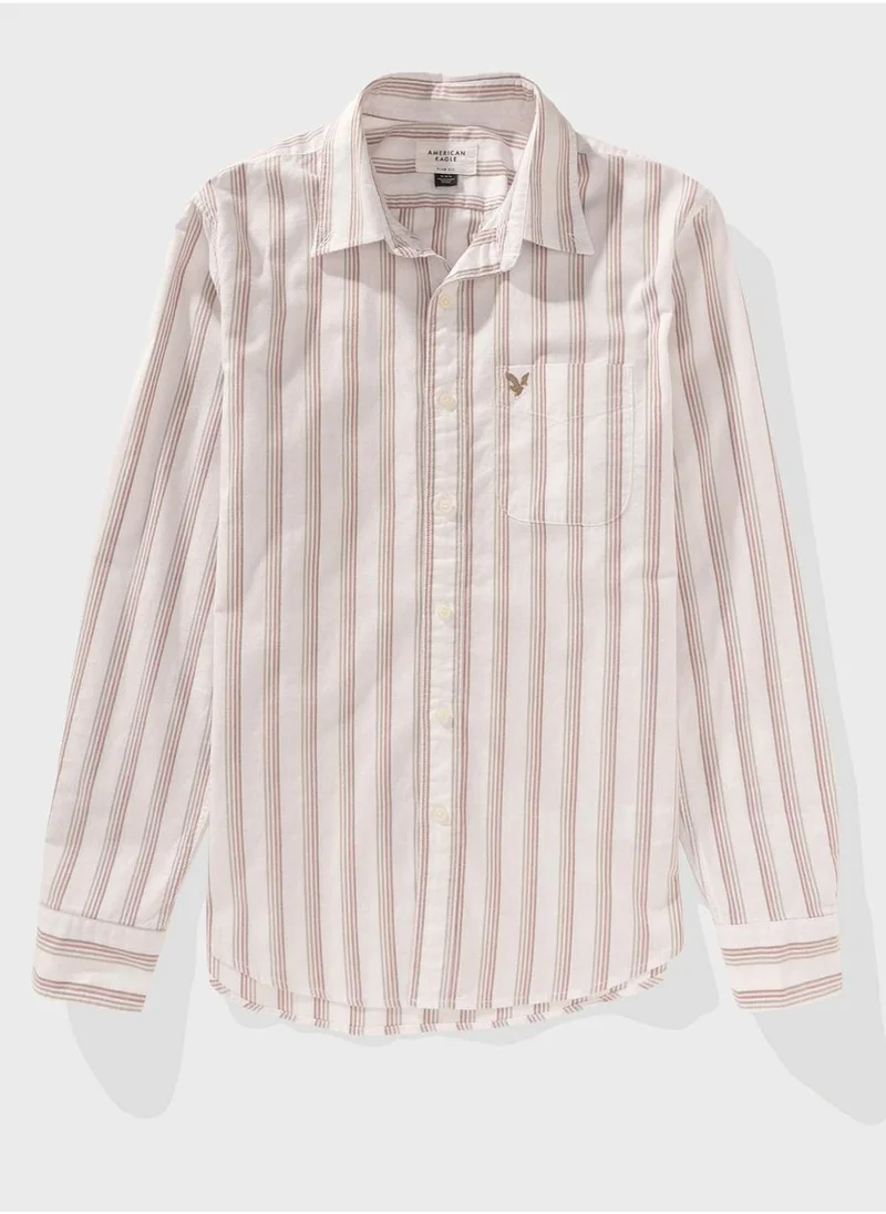 American Eagle Embroidered Logo Stripe Slim Fit Oxford Shirt