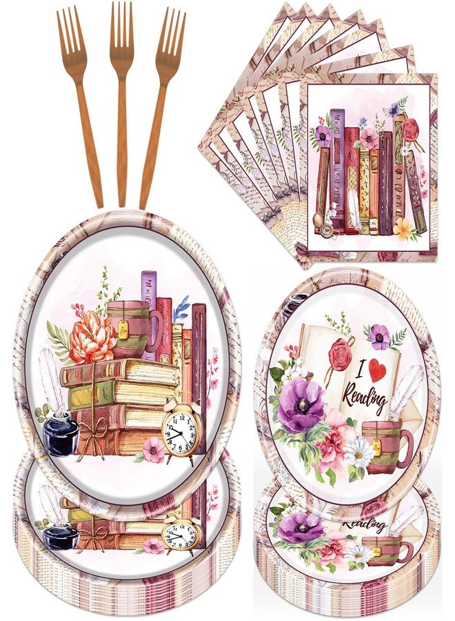 refavor Book Themed Tableware Party Decorations, 96PCS Book Party Paper Plates Napkins Forks Supplies, Disposable Book Club Library Reading Party Plates Dinnerware Decor - Image 1