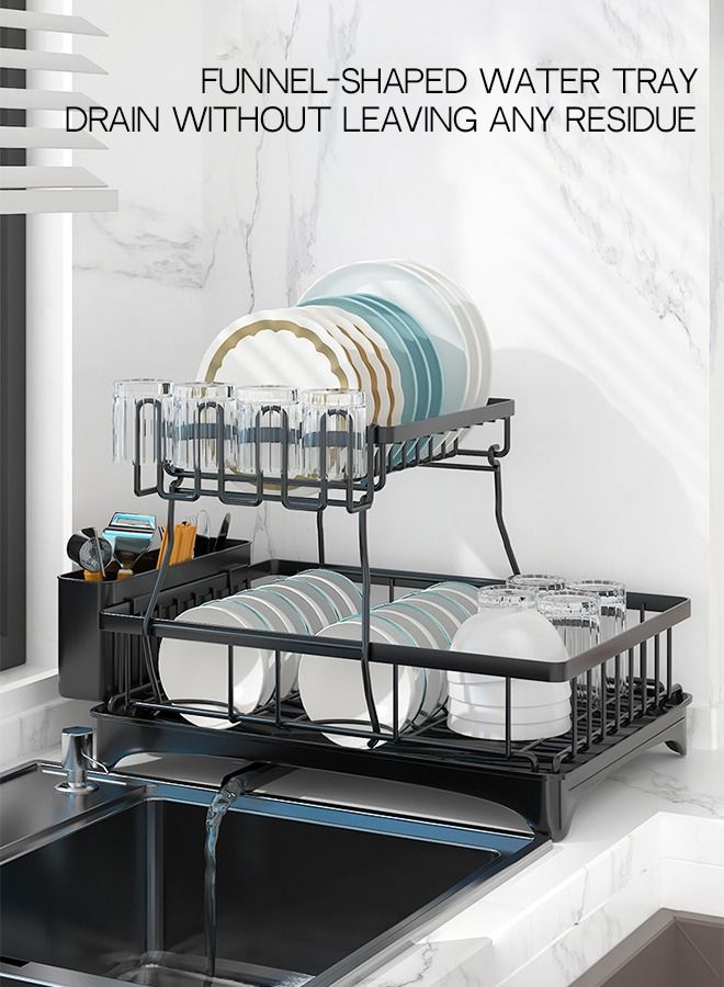 2-Tier Dish Drying Stand with Drainage System, Black - Image 3