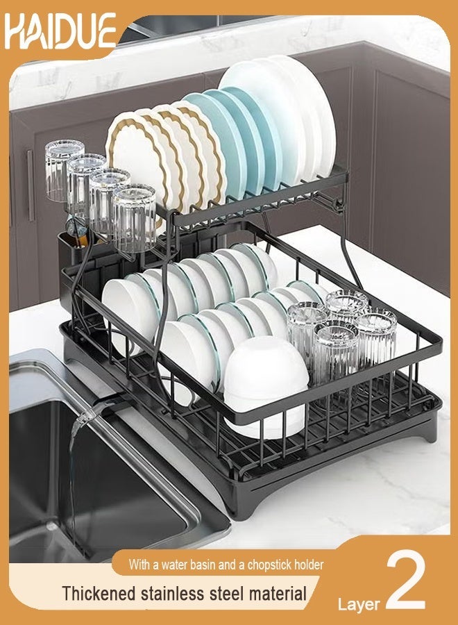 2-Tier Dish Drying Stand with Drainage System, Black - Image 1