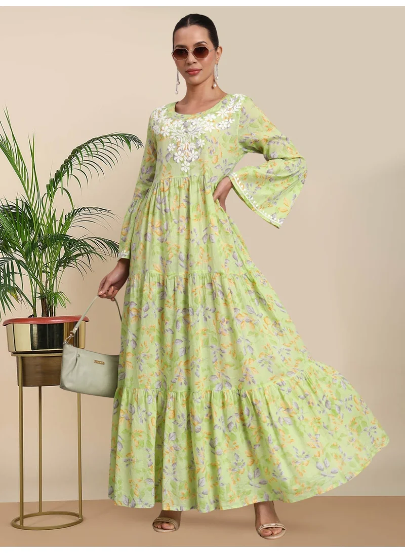 Alaya Hand Embroidered Chikankari A-Line Gathering Pattern Mulmul Cotton Jalabiya-AL3673