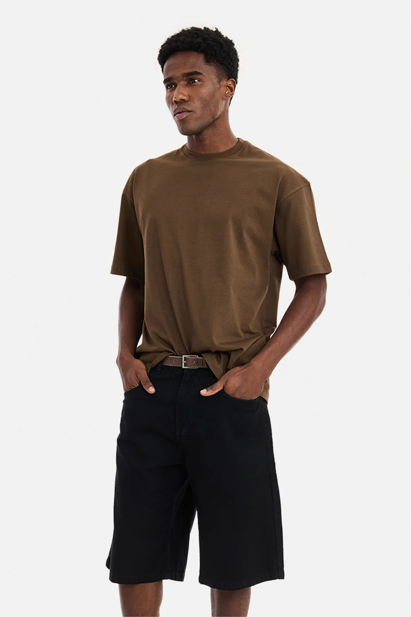 SNITCH Brown Solid Half Sleeve Oversized Streetwear T-Shirt