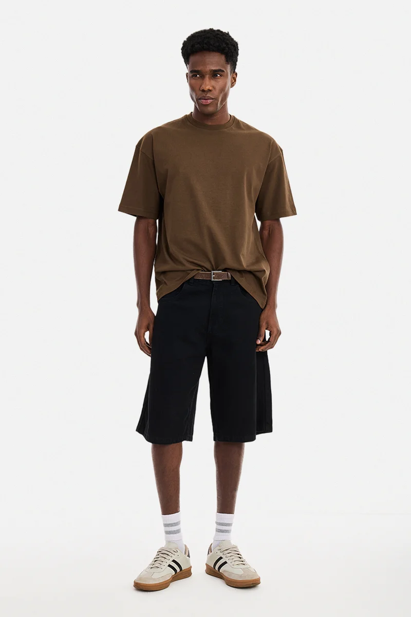 SNITCH Brown Solid Half Sleeve Oversized Streetwear T-Shirt