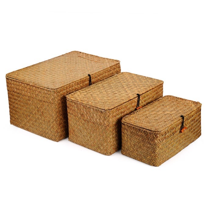 WOVEN WICKER STORAGE BINS WITH LID SEAGRASS BASKET FOR SHELF ORGANIZER EXTRA LARGE SET OF 3