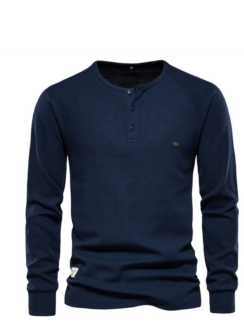 Loquat Autumn/Winter Henry Neck Long Sleeve Waffle Solid Color Men's T-shirt 