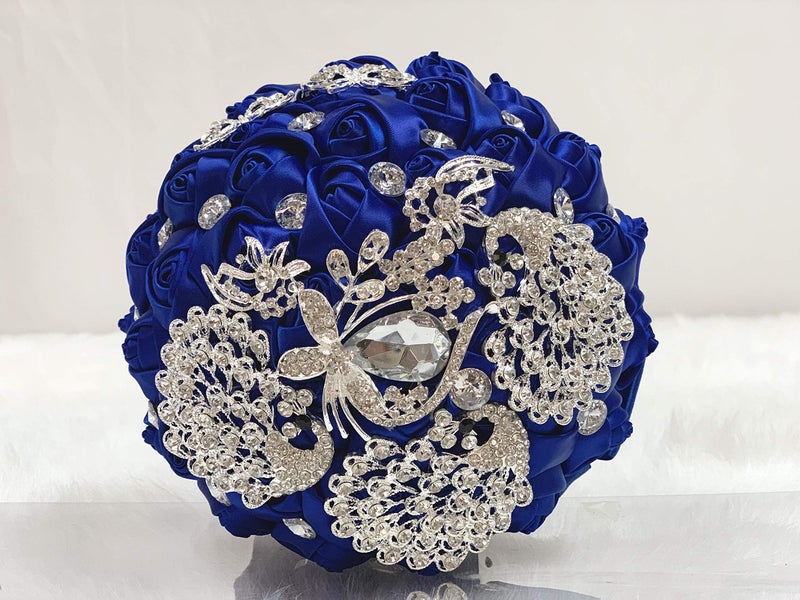 Abbie Home Abbie Home Sparkle Rhinestone Jewelry Bouquet  Satin Rose with Peacock Butterfly Brooches Bride Bridesmaids Wedding Flower Royal Blue 8 Inch 