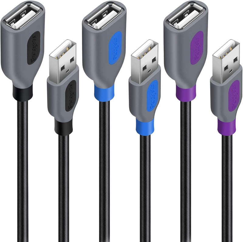 فاسجير كابل تمديد USB 2.0 من ، 3 عبوات 6 قدم من ذكر إلى أنثى للشحن والمزامنة، كابل USB ممتد (أسود وأرجواني وأزرق) - Image 1