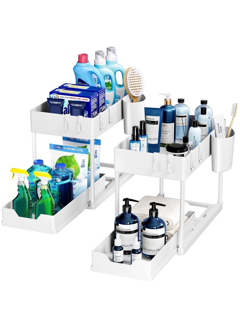 2 Tier Sliding Sink Organizer , Kitchen Bathroom Cabinet Organizer, Counter Organization Shelf Rack with Hooks (White) - Image 1