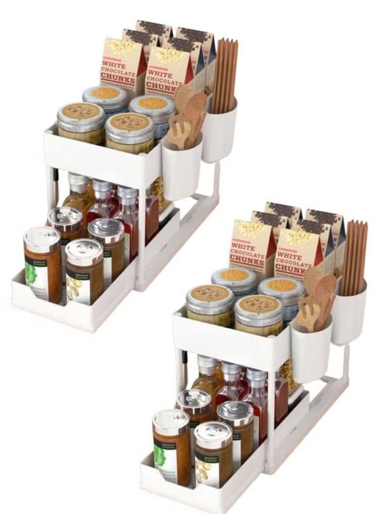 2 Tier Sliding Sink Organizer , Kitchen Bathroom Cabinet Organizer, Counter Organization Shelf Rack with Hooks (White) - Image 4