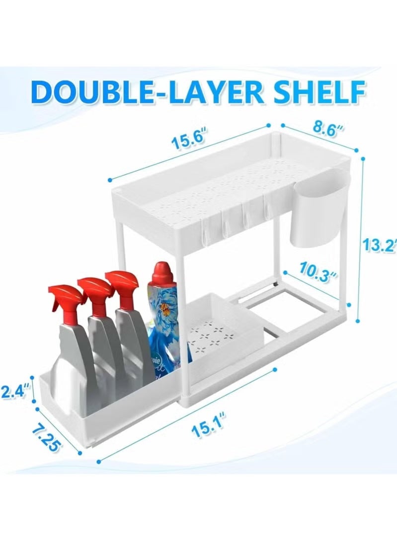 2 Tier Sliding Sink Organizer , Kitchen Bathroom Cabinet Organizer, Counter Organization Shelf Rack with Hooks (White) - Image 3