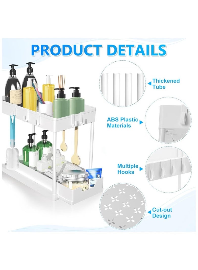 2 Tier Sliding Sink Organizer , Kitchen Bathroom Cabinet Organizer, Counter Organization Shelf Rack with Hooks (White) - Image 2