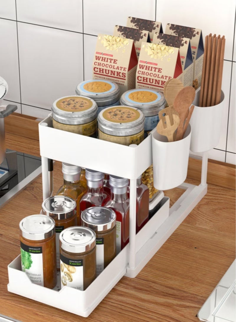 2 Tier Sliding Sink Organizer , Kitchen Bathroom Cabinet Organizer, Counter Organization Shelf Rack with Hooks (White) - Image 5